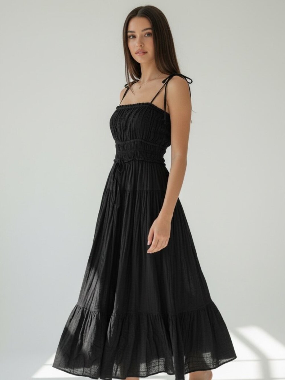 J.Crew Smocked Maxi Dress Cotton Voile Black S Tiered Boho Coastal Grandmother